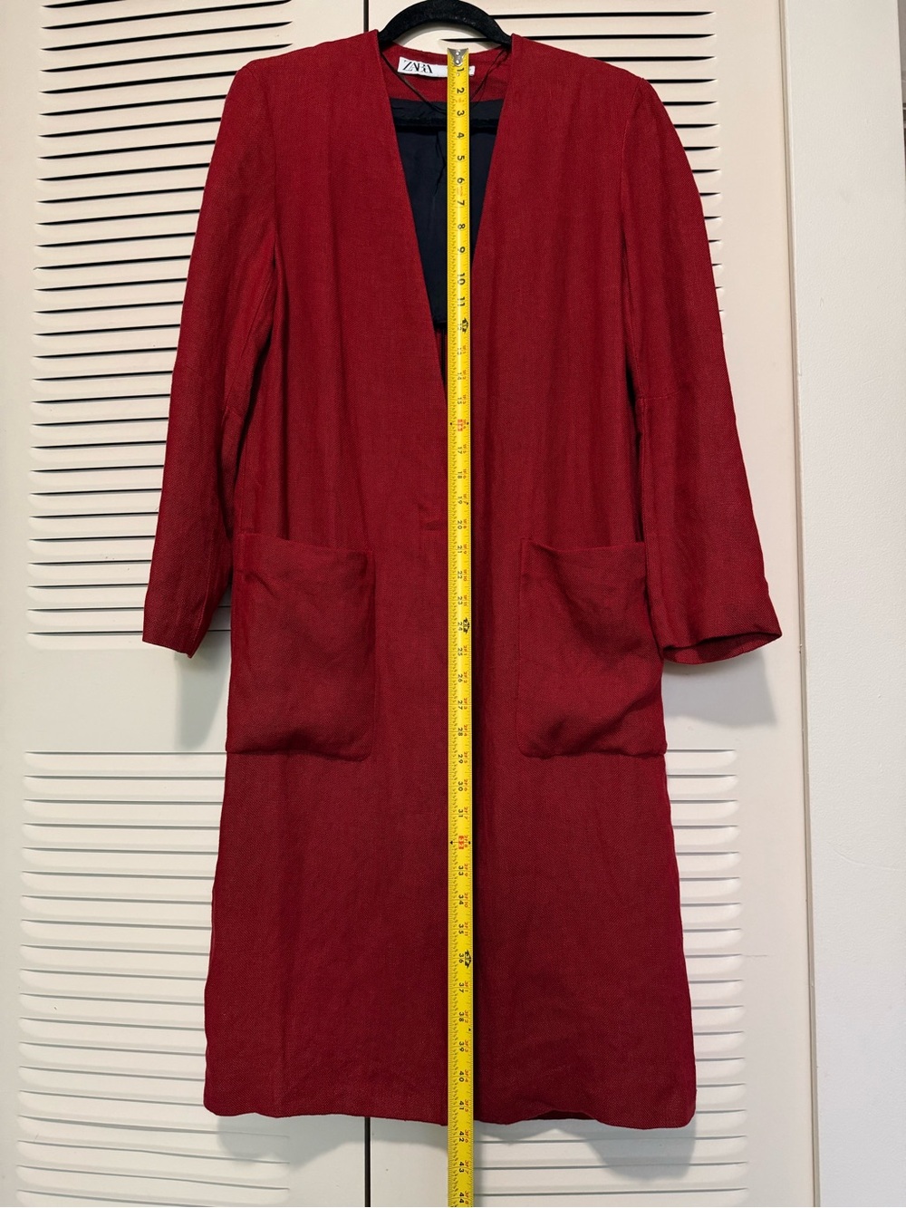 Zara Linen Red Open-Front Long Robe Coat - Picture 5 of 8